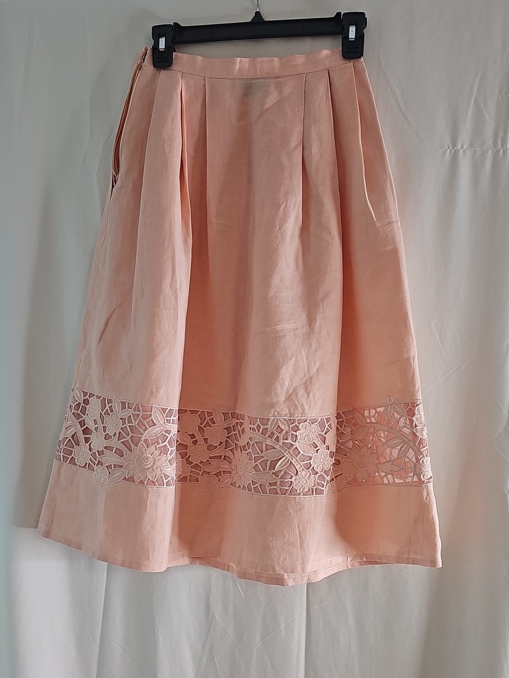Vintage Anne Crimmins Pleated Midi Skirt with Lace Panel - Peach 100% Linen - Picture 4 of 8